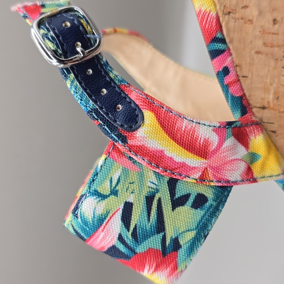 Jessica Simpson Wedge Sandal Sz 6 Cork Fabric Upper Sling Back Tropical Colorful - Picture 9 of 12